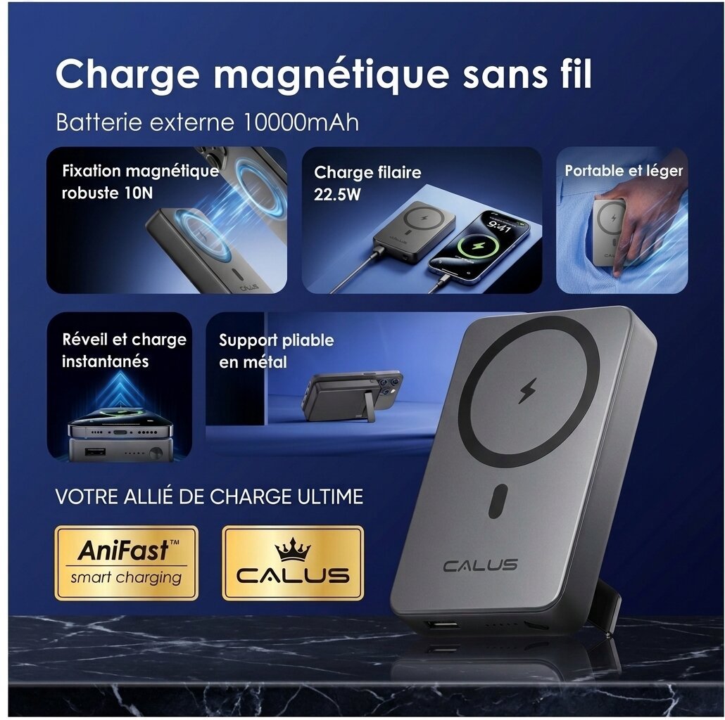 CALUS Power Bank Fast10max 10000mAh-Charge Rapide et Sans Fil — caractéristiques
